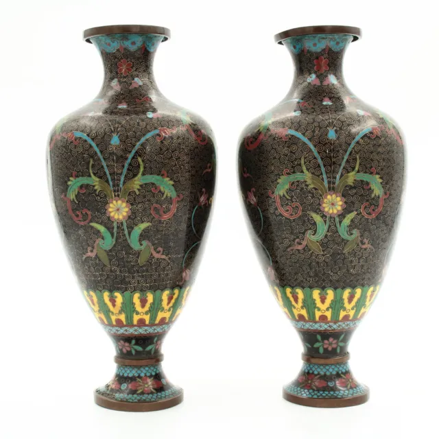 Antique Chinese Cloisonné Vases Pair Floral Decorations
