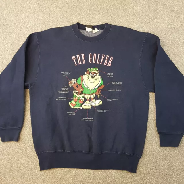 Vintage Warner Bros Sweatshirt Large Blue Taz Golfer Cartoon Network Jumper Y2K