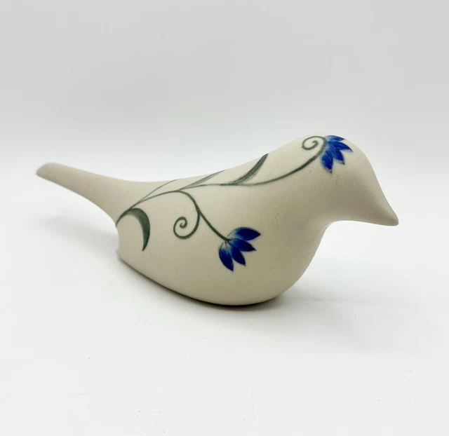 Bird Dove Figurine Made in Thailand Hand Painted Blue Lotus Flowers Ceramic