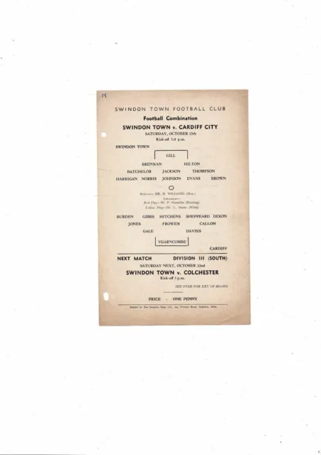 1955/56 Swindon Town v Cardiff City Football Combination Programme