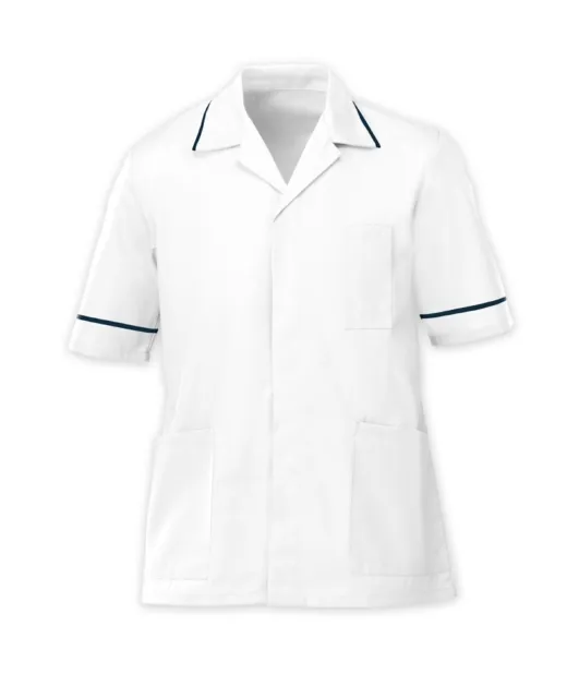 Mens Healthcare Tunic Male Nurse Nhs Dentist Vet Uniform White/Navy Trim Ins37Wh