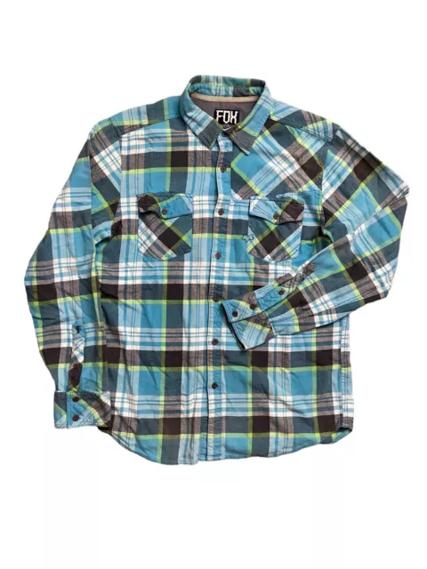 Fox Racing Flannel Shirt Mens Large Green Gray Button-Up Long Sleeve Flap Pocket