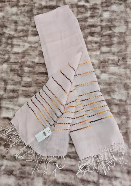 J Jill Linen And Wool Blend Soft Pink Woven Striped Scarf With Fringe NWT