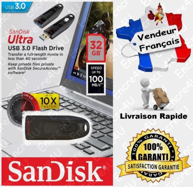 Clé USB 3.0 SANDISK ULTRA : 32 Go SDCZ48 100 MB/s - Existe aussi en 16 64 128 Gb