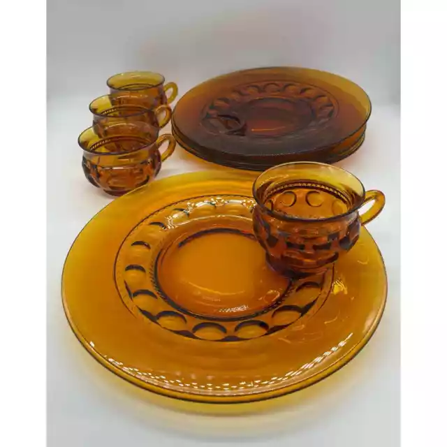 Indiana Glass Amber King's Crown Thumbprint 4 Snack Plates with 4 Cups