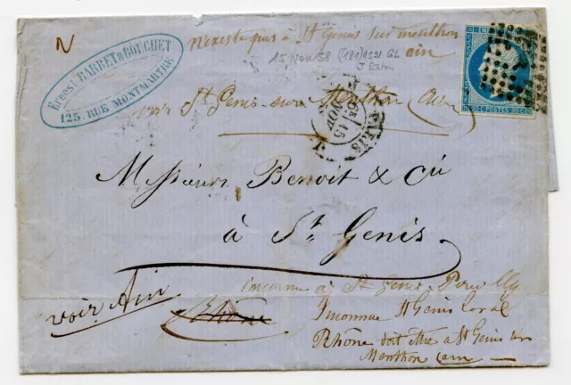 LETTRE N°14 CAD 1858 PARIS LOSANGE J à ST GENIS multiples CAD T22 + ambulants