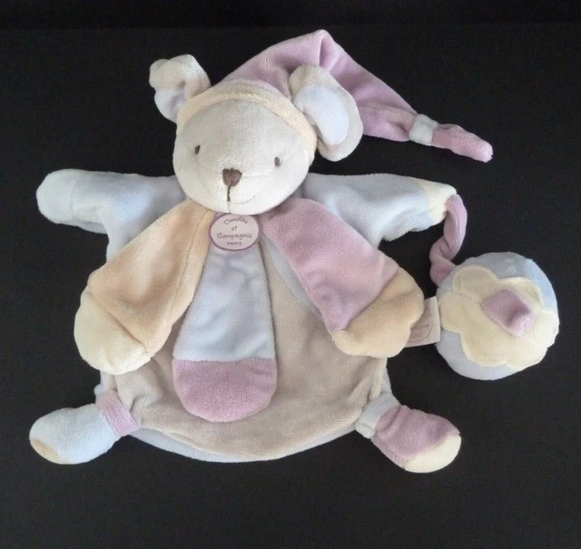 912. DOUDOU ET COMPAGNIE SOURIS MARIONNETTE rose poudré gris mauve bonnet NEUF*