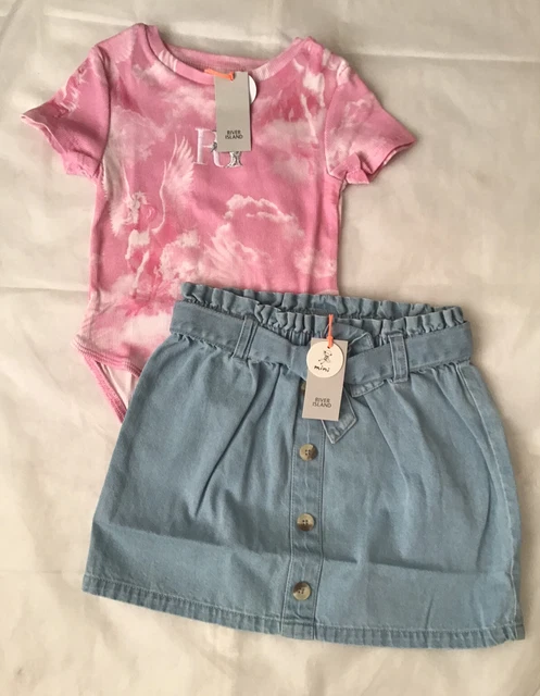 Mini bambina River Island età 2-3 anni borsa di carta abito gonna in denim nuova con etichette