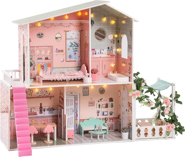 ROBOTIME LARGE WOODEN Kids 3 Storey Doll House With Furniture Light