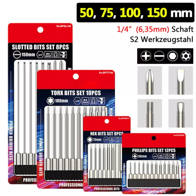 1/4" Schraubendreher Bit-Satz Kreuz Schlitz TORX Sechskant 50,75,100,150mm Lang