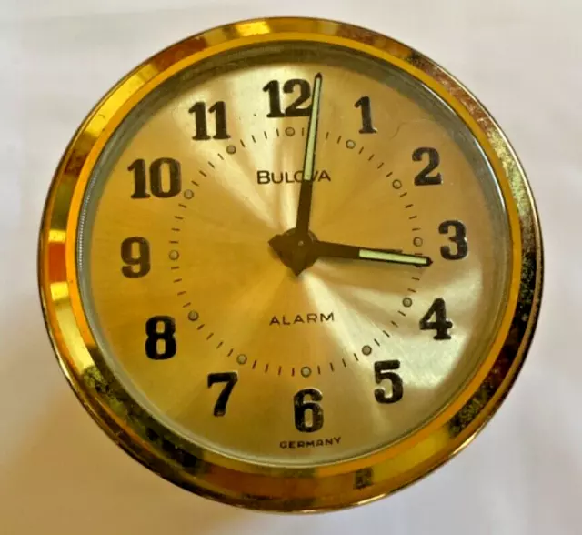 Rare Vintage BULOVA GERMANY Metal Desk Alarm Clock Pen Holder Gold Color w/ box