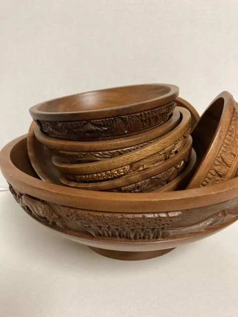 Vintage Hand-carved Wooden Asian Salad Bowl With 8 Matching Bowls- Great Shape!