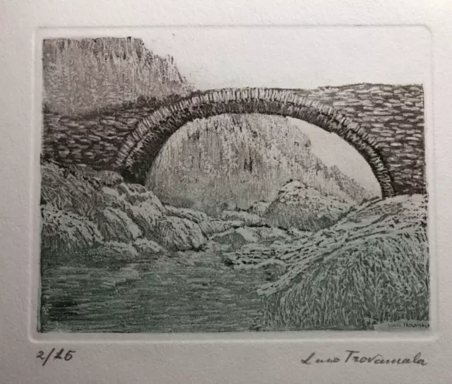 Aquaforte Lucio Trovamala Landscape Bridge 35.0x25.0 cm 70s Aquaforte Lucio Trovamala Landscape Bridge 35.0x25.0 cm 70s