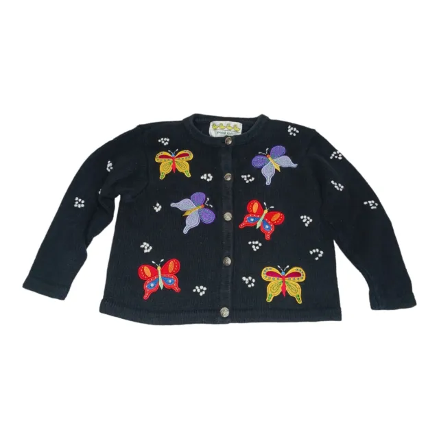 Quack Kids Knit Sweater 4T Black Butterfly Embroidered Cardigan Vintage Grandma
