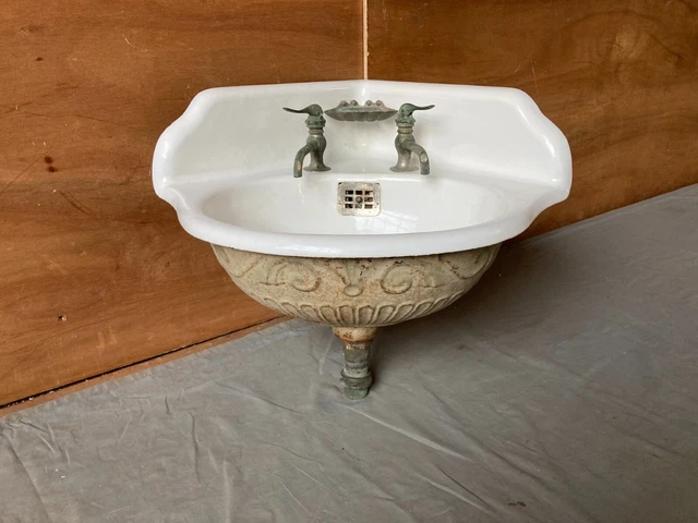Antique Small 21" Cast Iron White Porcelain Ornate Bath Vtg Corner Sink 453-23E