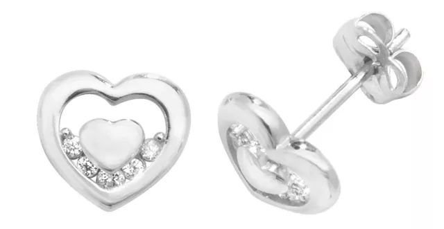 9ct White Gold Diamond Heart Stud Earrings - Solid 9K Gold - simulated