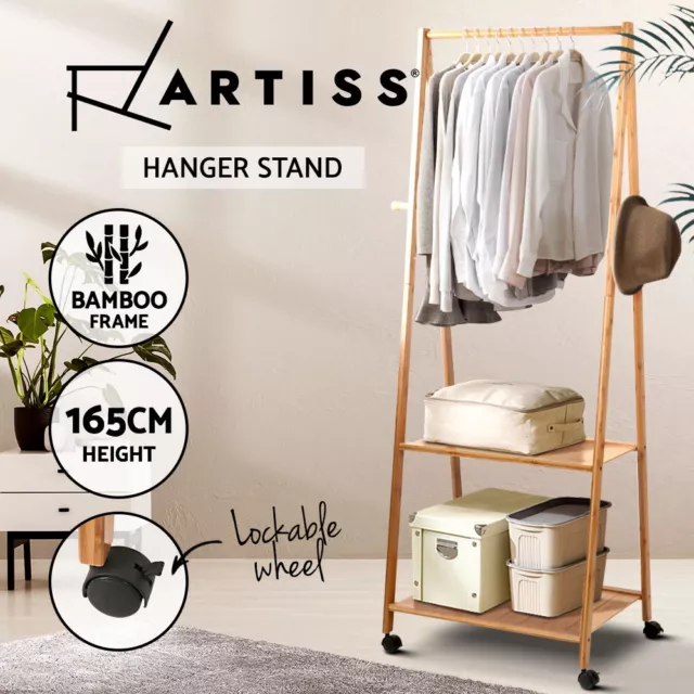 Artiss Clothes Rack Coat Stand Bamboo 165x59cm Garment Hanger Rail Closet Wheels