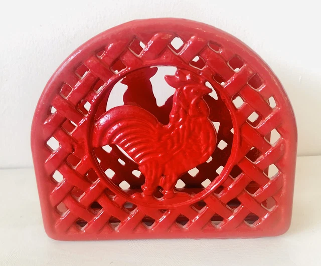 Red Rooster Napkin Holder Farmhouse Kitchen Decor Painted Cast Iron Barnyard Hen