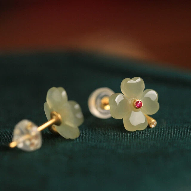 Female National Four Leaf Grass Hotan Jade Earrings Style Versatile Earrings