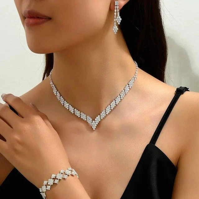 3 Pz Set Gioielli Sposa Placcato Argento Strass Pieghevole Braccialetto Nappa