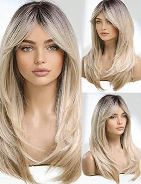 Perruque Femme Synthétique Blonde Longue Lisse Avec Frange +Cadeau