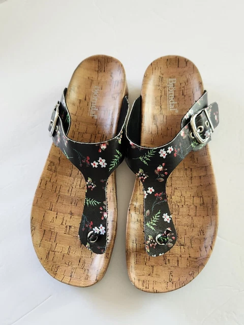 Bjourndal Women's Black Floral Leather Thongs Sandals 1” Cork Wedge Size 10