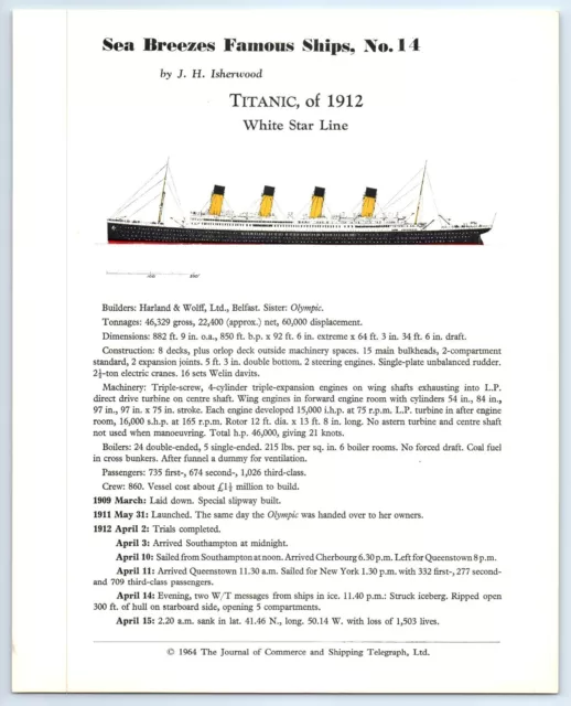 SS TITANIC (1912) Sea Breezes Famous Ships No. 14 History/ Data Sheet ...