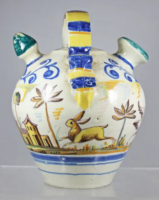Early 20th Antique Majolica Faience Seville Cantir Botijo Double Spout Water Jug