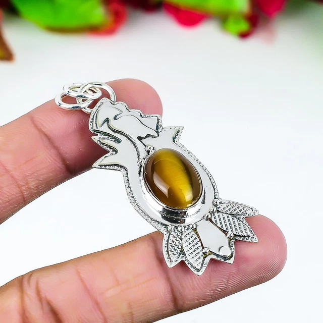 Tiger Eye Gemstone Handmade 925 Sterling Silver Jewelry Pendant 2.56" H118