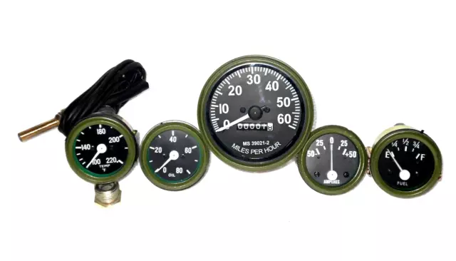 Willys MB Jeep Ford GPW Gauges Kit - Speedometer+Temp+Oil+Fuel+Ampere ( Green )