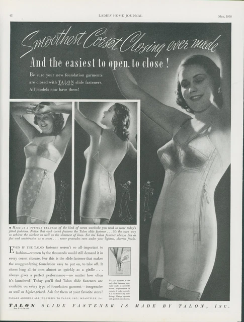 1938 Corset Talon Slide Fastener Easy Open Close Foundation Vtg Print Ad LHJ2
