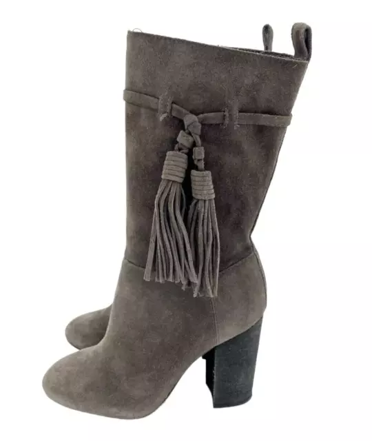 Vince Camuto Fermel Slouch Tassel Grey Suede Leather Boots Mid Calf SZ 6.5 SH12