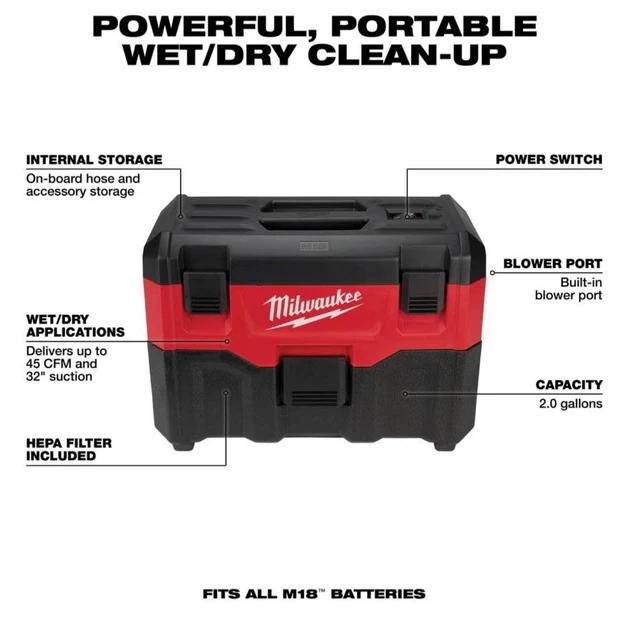 MILWAUKEE 088020 M18 2Gallon Cordless Portable Wet/Dry Vacuum (Tool