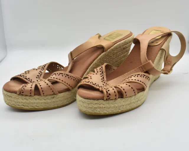 Kanna Women's Wedge Sandal Espadrille Size 9.5 Tan Brown Laser Cut Leather Spain