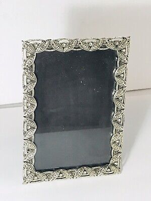 Victorian Photo Picture Frame 5x7 Photo Silver w/ Rhinestones Velvet Back Easel