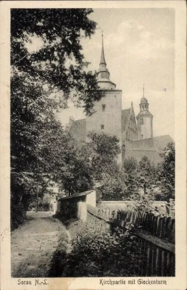 Ak Żary Sorau Niederlausitz Ostbrandenburg, Kirchpartie, Glockenturm - 10947499