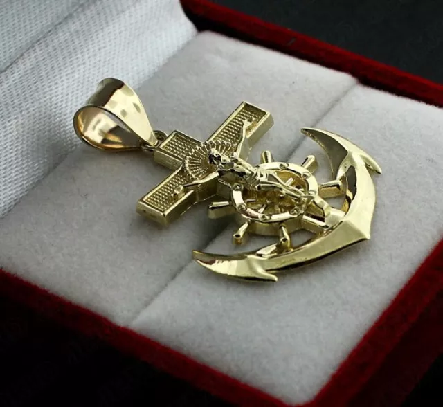 Real 10K Yellow Gold Mens Anchor Cross Pendant Diamond Cut Jesus Crucifix Charm