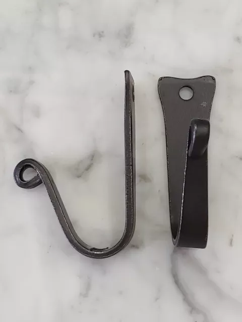 2 Amish forged black wrought iron wall J hooks w/ screws - strong sturdy metal