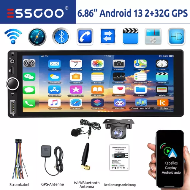 Autoradio 1 DIN Carplay GPS Navi RDS 2+32G Android 13 USB WIFI Bluetooth MIK KAM