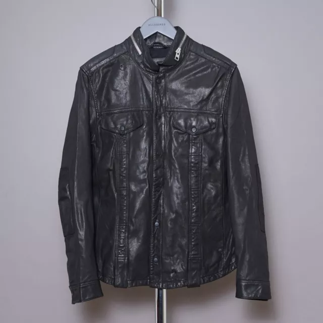 ALL SAINTS HOLMES Leather Shirt Jacket LARGE Mens Black Biker Moto Celebrity L