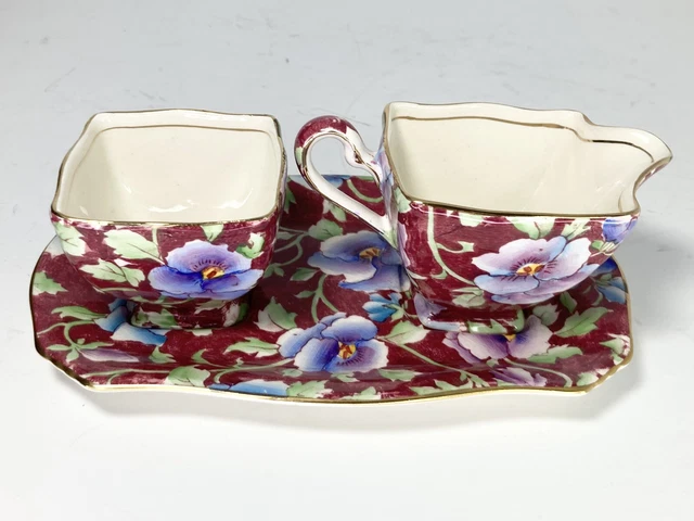 Royal Winton Grimwades Chintz Ascot JUNE FESTIVAL, Sugar Bowl Creamer w/Tray VTG 2