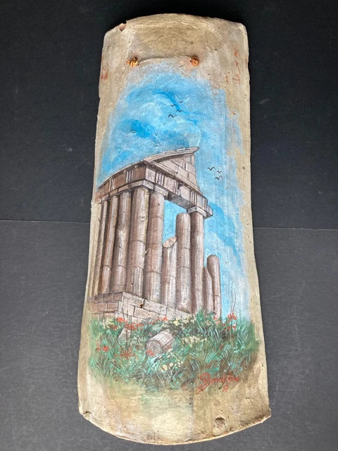 Hand Painted Curved Terracotta Pottery Roof Tile 21” Signed by Artist Italy Lg