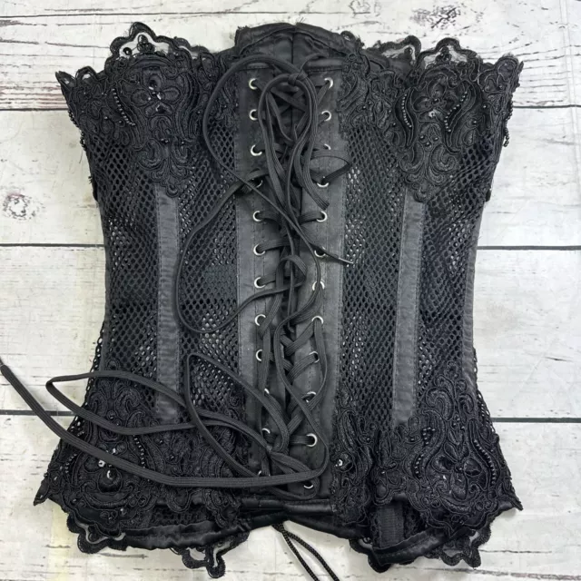 Womens Black Lace Corset Top Zipup Bustier adj Straps Poly see