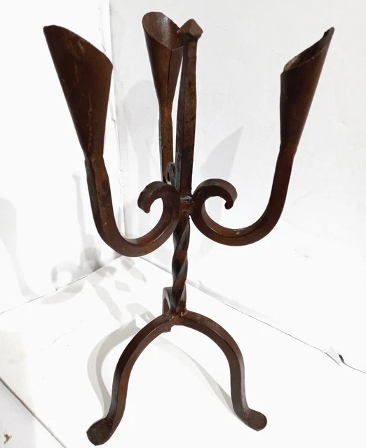 Vintage Forged Gothic Brutalist Twisted Cast Iron Calla Lily (3) Candle Holder
