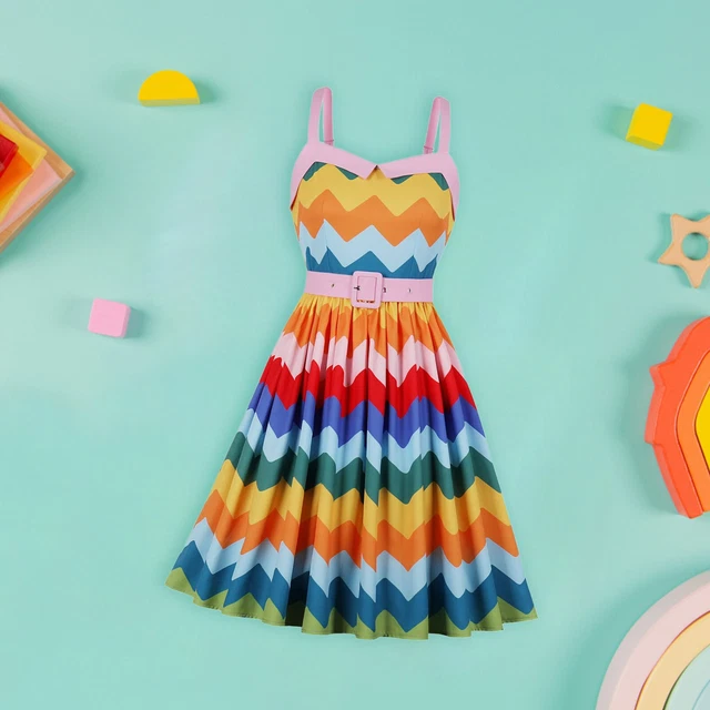 Women'S Vintage Dress Sexy Suspender Colorful Wavy Stripes Tucked Waist Mid ZF