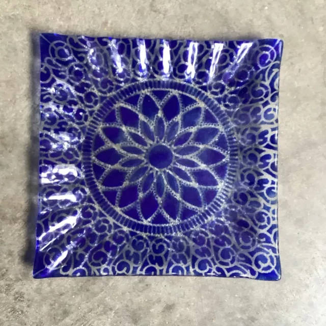 SYDENSTRICKER Fused Art Glass COBALT BLUE EMBASSY Plate Square Pebbled Lace