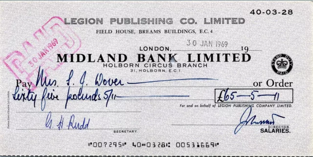 MIDLAND BANK LTD 31 Holborn Circus London 1969 LEGION PUBLISHING Pay Cheque: £65