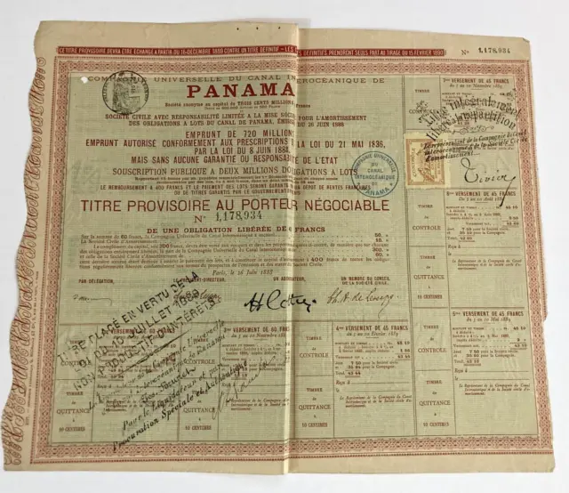 1888 Universelle Canal Interoceanique De Panama Stock Certificate PANAMA CANAL