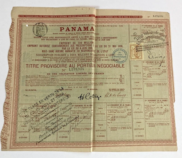 1888 Universelle Canal Interoceanique De Panama Stock Certificate PANAMA CANAL