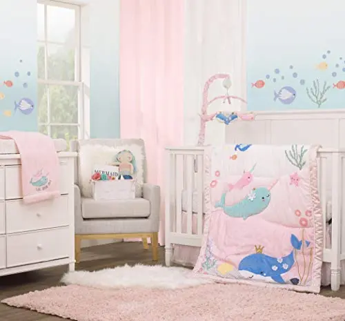 NoJo Under The Sea Whimsy Pink & Blue Whales & Narwhals 4Piece Crib Bedding Set